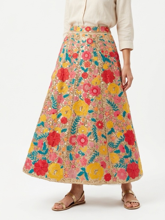 Dresses & Skirts - Lehenga Maxi Skirt Floral Embroidered Sequin Beige Multi Adjustable Tie Up Waist